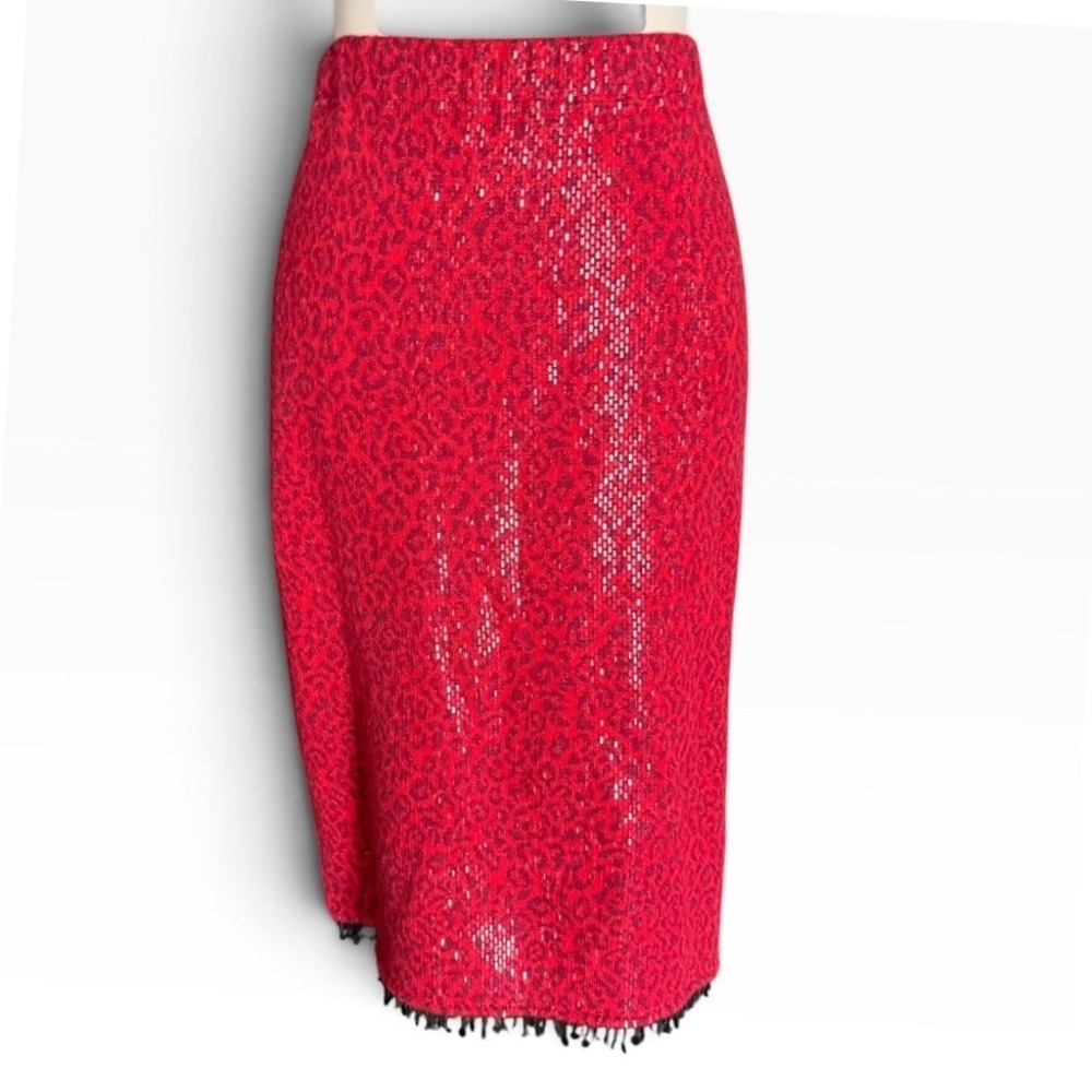 St John Couture Marie Gray Red Leopard Knit Pencil Skirt Beaded Fringe Size 14